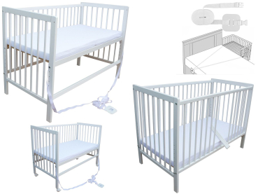Kinderbett - Beistellbett - Babybett 120x60cm mit Matratze, Gurt und Rädern weiß